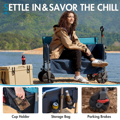 Woman seated on 3 In 1 Heavy Duty Utility Wagon With Five Hundred Pound Capacity That Transforms Into A Two Seat Beach Bench Foldable Cart