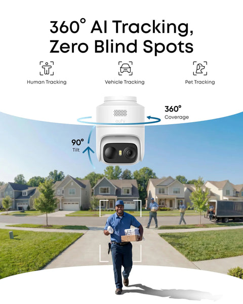 Four Camera Wireless Outdoor Security Kit with 360 Pan and Tilt Auto Tracking 2K Solar Powered Security Cameras AI Detection