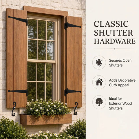 Steel Blind Shutter Hinges 4 Pack 11.75 Inch Black Wrought Iron Offset Pintle Strap Hinges With 2 S Hooks Heavy Duty Rust Resistant Hardware Kit Built To Last Tough As Nails Indoor Outdoor Use on wood exterior shutters