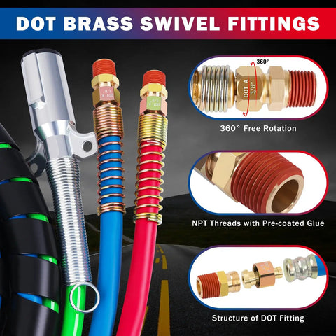 Heavy Duty Semi Truck Air Lines Kit With 12 Ft Red And Blue 3 In 1 ABS Power Line Air Hoses, Double Tender Spring Kit, Stainless Steel Clamps