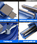 Close-up views of 8 Inch Heavy Duty Bench Vise With 360 Degree Swivel Base And Anvil, Rugged Ductile Iron Build, Blue Finish