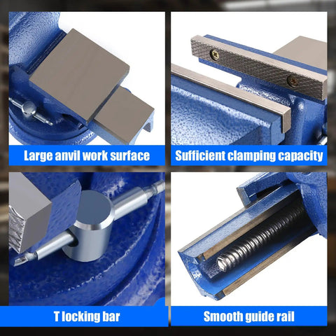 Close-up views of 8 Inch Heavy Duty Bench Vise With 360 Degree Swivel Base And Anvil, Rugged Ductile Iron Build, Blue Finish