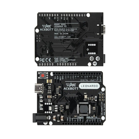 Leonardo R3 Microcontroller Development Board With USB Cable Kit For Easy Prototyping And DIY Projects, Plug And Play Arduino IDE Compatible, 20 Digital IO And 12 Analog Inputs, 16MHz Clock, ICSP Header, Reset Button, black PCB front and back