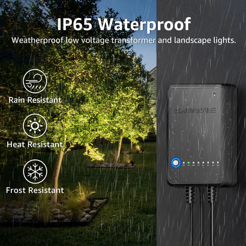 All In One Outdoor Landscape Lighting Kit waterproof 60W transformer with rain, heat, and frost resistance in garden view
