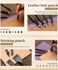 All In One Leather Tool Kit For Crafting And Leatherwork, showing hole punch and stitching tools on leather pieces