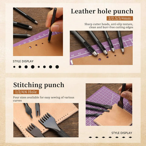 All In One Leather Tool Kit For Crafting And Leatherwork, showing hole punch and stitching tools on leather pieces