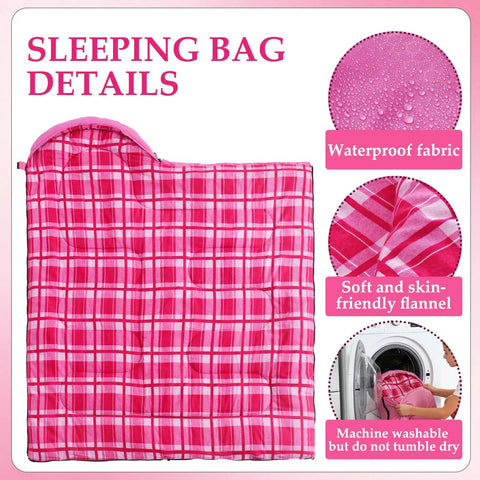 All Season Kids Sleeping Bag For Girls And Boys, Lightweight Weatherproof Camping Bag For Hiking And Outdoor Travel, Cozy Flannel Pink