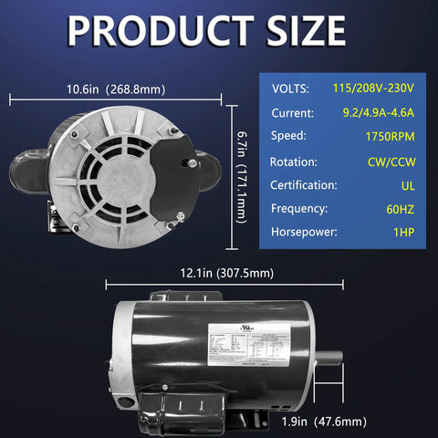 Powerful 1 HP Electric Single Phase Motor For Air Compressors 56C Frame 115 208 230 Volt 60 Hz 1750 RPM diagram