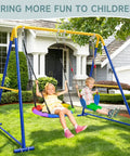 Two In One Backyard Swing Set With Platform And Belt Swings, Sturdy As Heck Heavy Duty Metal Frame With Ground Stakes, kids playing