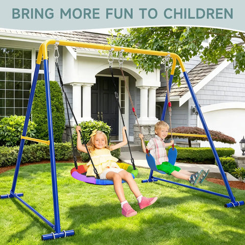 Two In One Backyard Swing Set With Platform And Belt Swings, Sturdy As Heck Heavy Duty Metal Frame With Ground Stakes, kids playing