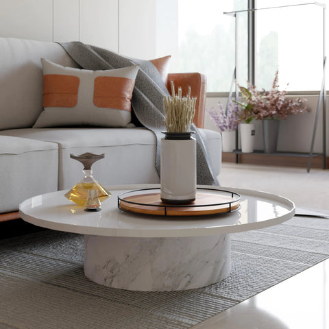 16-inch TIDITA acacia wood lazy Susan turntable with metal frame on a white coffee table in a living room