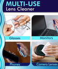Clear View Lens Cleaner Kit with 4 spray bottles and 4 microfiber cloths for glasses, monitors, phones, and camera lenses