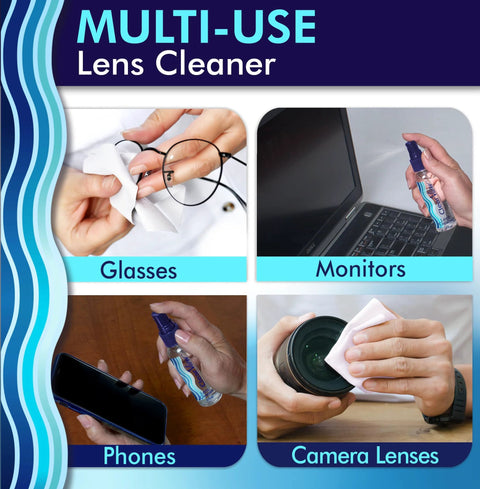 Clear View Lens Cleaner Kit with 4 spray bottles and 4 microfiber cloths for glasses, monitors, phones, and camera lenses