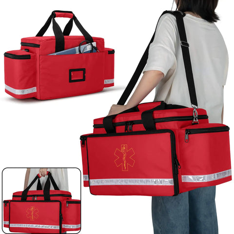 Red Emergency Responder Trauma Bag Empty For EMTs And Paramedics Professional First Aid Kit Storage With Inner Dividers