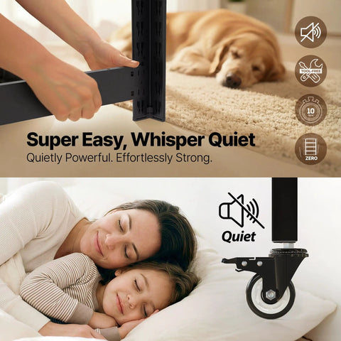 Person adjusting Heavy Duty 5 Tier Garage Shelving Unit Boltless Adjustable Metal Storage Rack with dog in background.