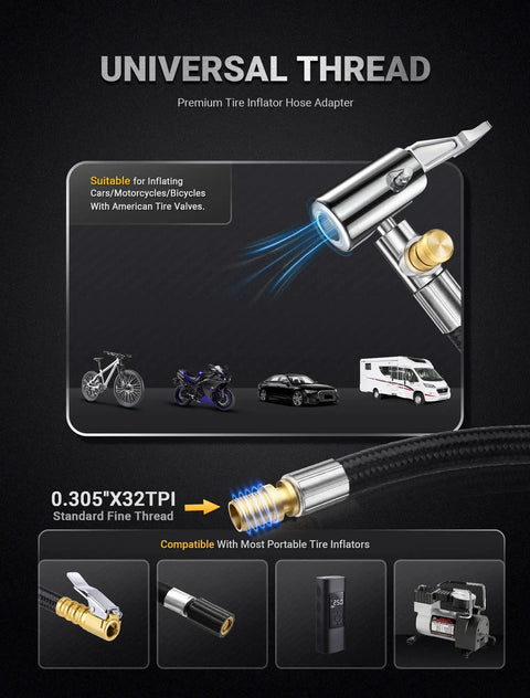 Universal thread tire inflator hose adapter with vehicles and compressors, suitable with Must Have 33 Inch Air Release Extension Hose Set.