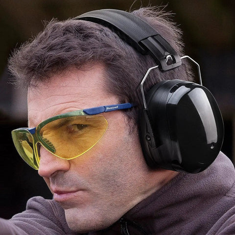 Man wearing Top Notch Hearing Protection Earmuffs with Adjustable Headband for Shooting and Range Use, black