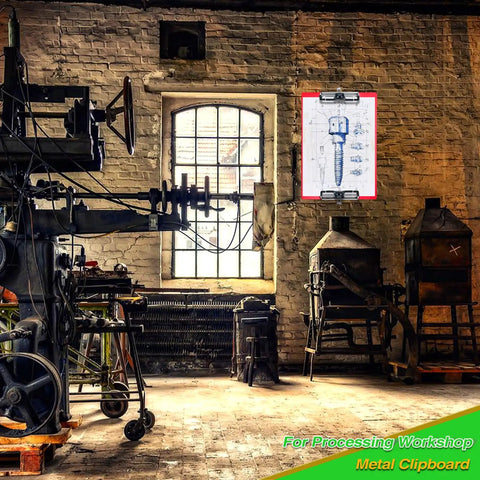 Workhorse Aluminum Clipboard For A4 with blueprint displayed on wall in an industrial workshop setting.