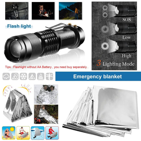 30 In 1 Survival Kit For Adventurers Gear Up Emergency torch and blanket with lighting modes and camping icons shown
