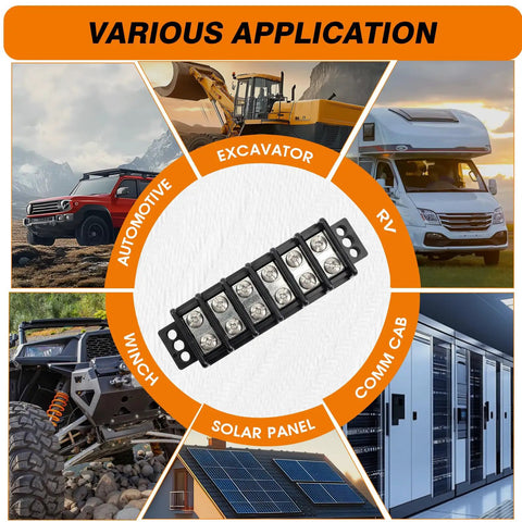 Heavy Duty Double Row Terminal Blocks For 10 To 22 AWG Wiring Stainless Steel Housing 600 Volt 30 Amp Rated for automotive, RV, and solar panel applications.
