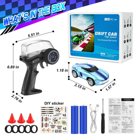 One Sixty Fourth Scale Drift RC Car 4WD With LED Lights And Speed Switch, 2.4GHz remote, packaging, and accessories displayed