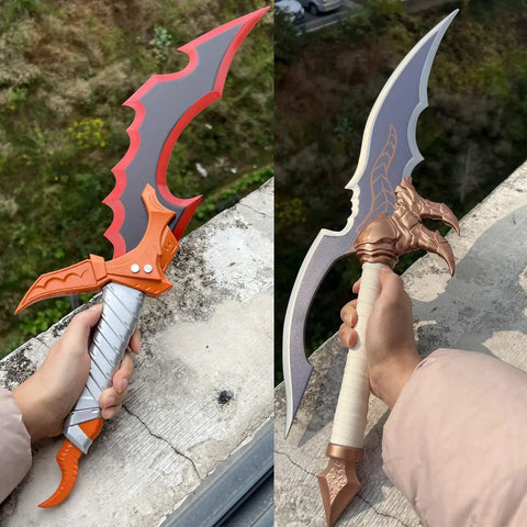 Two Piece Metal Sword Cosplay Props Set With Hanging Display Board Wall Mount Display Knight Killer Theme All Metal Swords shown