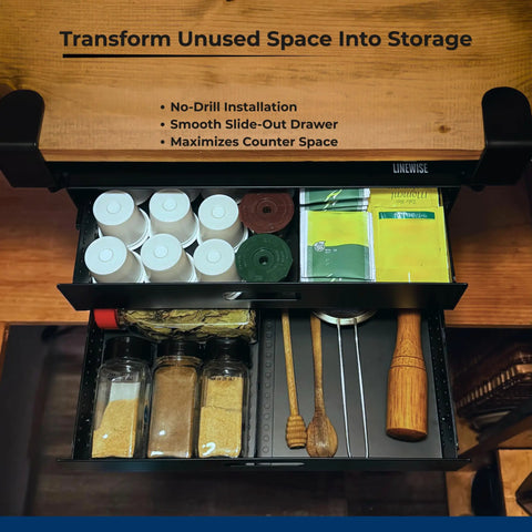 Heavy Duty Carbon Steel Clamp On Under Desk Slide Out Tray Rock Solid Metal Bin No Sweat Setup Super Slick Glide keeps spices and utensils organized.