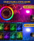 Solar Color Spotlight 2 Pack With 9 Lighting Modes And 38 LEDs RGBW Multicolor Waterproof Outdoor Lights displaying color cycling.