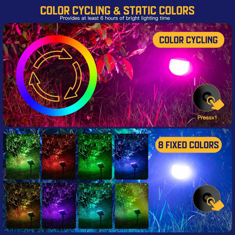 Solar Color Spotlight 2 Pack With 9 Lighting Modes And 38 LEDs RGBW Multicolor Waterproof Outdoor Lights displaying color cycling.