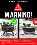 Warning sign for fire pit use on 36 Inch Fire Pit Protector For Deck Or Patio Thick 6mm Heat Resistant Mat With Triple Layer Design.