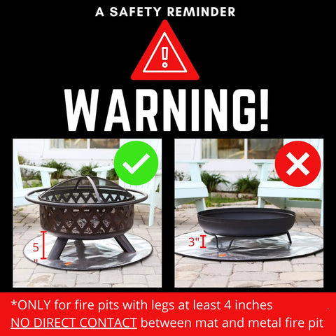 Warning sign for fire pit use on 36 Inch Fire Pit Protector For Deck Or Patio Thick 6mm Heat Resistant Mat With Triple Layer Design.