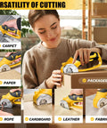 Woman using SakerPlus Cordless Electric Scissors Box Cutter With Rechargeable Battery on cardboard, showcasing versatility for cutting various materials.