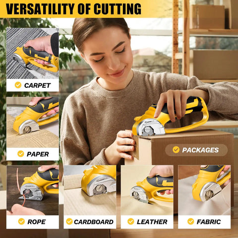 Woman using SakerPlus Cordless Electric Scissors Box Cutter With Rechargeable Battery on cardboard, showcasing versatility for cutting various materials.