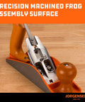 JORGENSEN No.4 smoothing hand plane with orange body and wooden handle, side view on wooden workbench