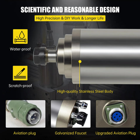 Stainless steel body of Beefy 3KW Water Cooled CNC Spindle Motor 220V 24000 RPM ER20 100mm housing with connector details.