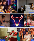 Collage featuring Cow Neon Sign LED Neon Light Two Color Red And Gold USB Or Battery Powered Wall Decor for different home uses.
