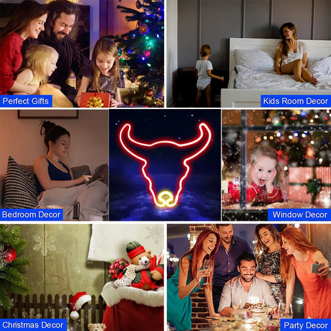 Collage featuring Cow Neon Sign LED Neon Light Two Color Red And Gold USB Or Battery Powered Wall Decor for different home uses.