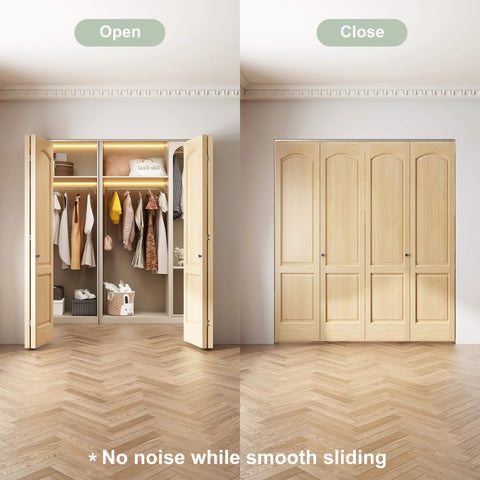 60 Inch Bifold Door Hardware Kit For Four Doors Top Mounted Sliding Barn Style Rails And Rollers shown on closet doors open and closed