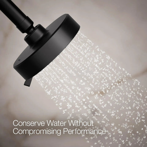 Awaken G110 Three Function Showerhead with wall mount in oil rubbed bronze finish, showing water flow in a spray setting