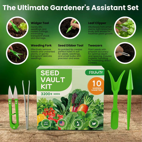 10 Heirloom Vegetable Seeds Variety Pack With 3200 Seeds For Indoor Outdoor Garden, Easy To Grow Starter Kit box and tools