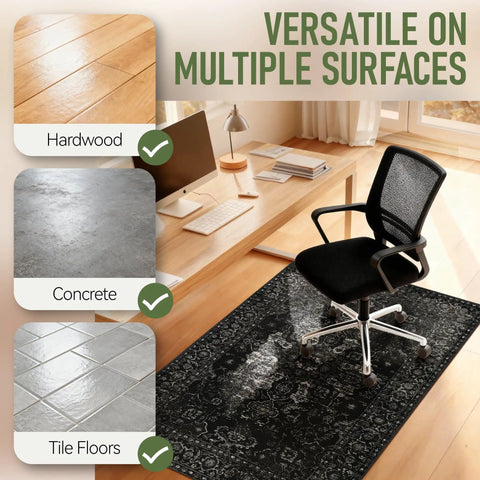 36x48 Inch Office Chair Mat for Hardwood Floors Non Slip Desk Rug for Home Office and Gaming Chairs next to a black office chair