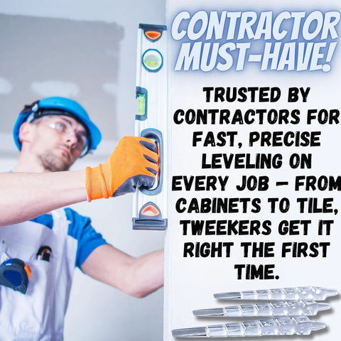 Precision Transparent Leveling Shims Invisible Wedges For Cabinet Countertops Baseboard And Toilet Install, contractor using level tool.