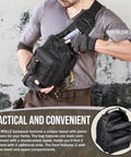 Lightweight Tactical Shoulder Sling Bag for Men in use, showing MOLLE webbing, quick release lock, and compact size.