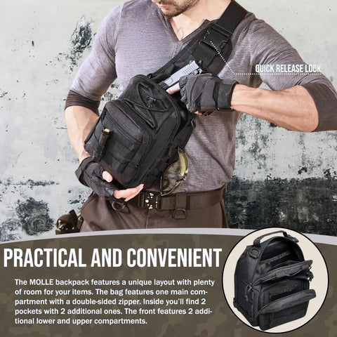 Lightweight Tactical Shoulder Sling Bag for Men in use, showing MOLLE webbing, quick release lock, and compact size.