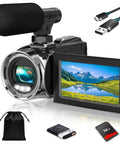4K Video Camcorder For YouTube Vlogging, 36MP Photos, 18x Digital Zoom, with external mic, 3 Inch IPS Flip Screen, and accessories displayed.