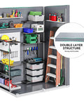Interior view of 5x3 Ft Outdoor Storage Shed With Floor All Weather Resin Construction Window And Lockable Door Waterproof Plastic Tool Storage For Garden Patio Gray Durable, showing shelves and organized tools.