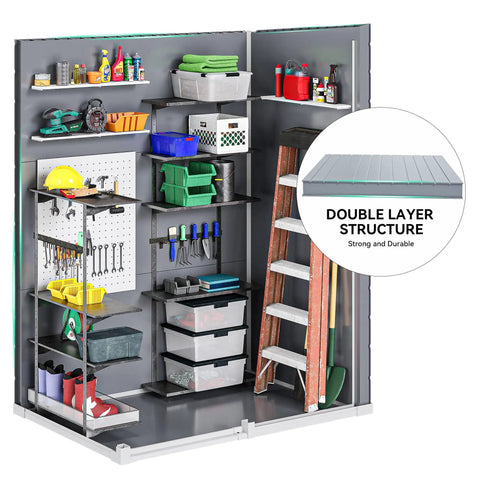 Interior view of 5x3 Ft Outdoor Storage Shed With Floor All Weather Resin Construction Window And Lockable Door Waterproof Plastic Tool Storage For Garden Patio Gray Durable, showing shelves and organized tools.