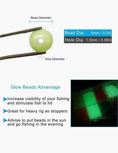 Close-up of a glow-in-the-dark bead with 5mm diameter and 1.5mm center hole from the Assorted Fishing Beads Set 1000 Pcs.