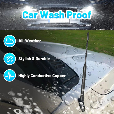 9 Inch Car Radio Antenna Mast For Ford Explorer Focus Ranger Lincoln MKT Mercury Milan Beefed Up Roof Mount Aerial With M4 M5 M6 Threaded Adapters For AM FM Signal Enhancements shown on car roof with rain drops, highlighting all-weather durability.