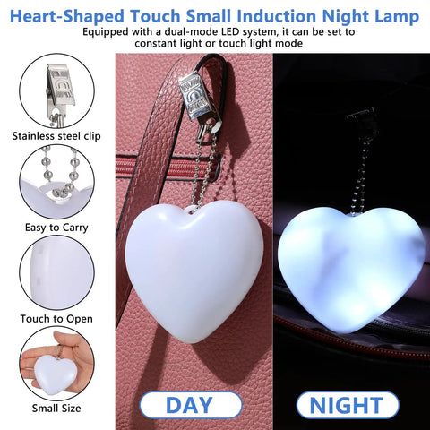 Two Pack Heart Shape Purse Lights With Sensor Illuminator for handbags in day and night use, showing clip and LED features.